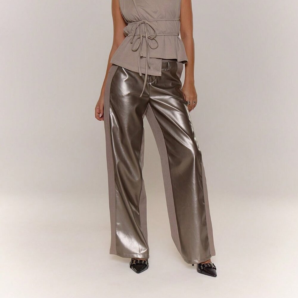 Grey Casual Women's Faux Leather Panel Trousers